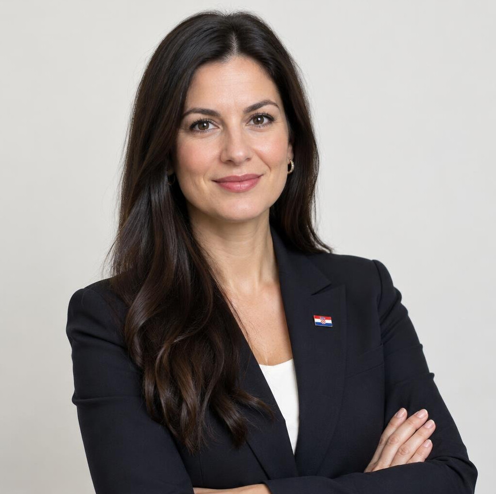 Portrait of a confident businesswoman with long dark hair in a blazer